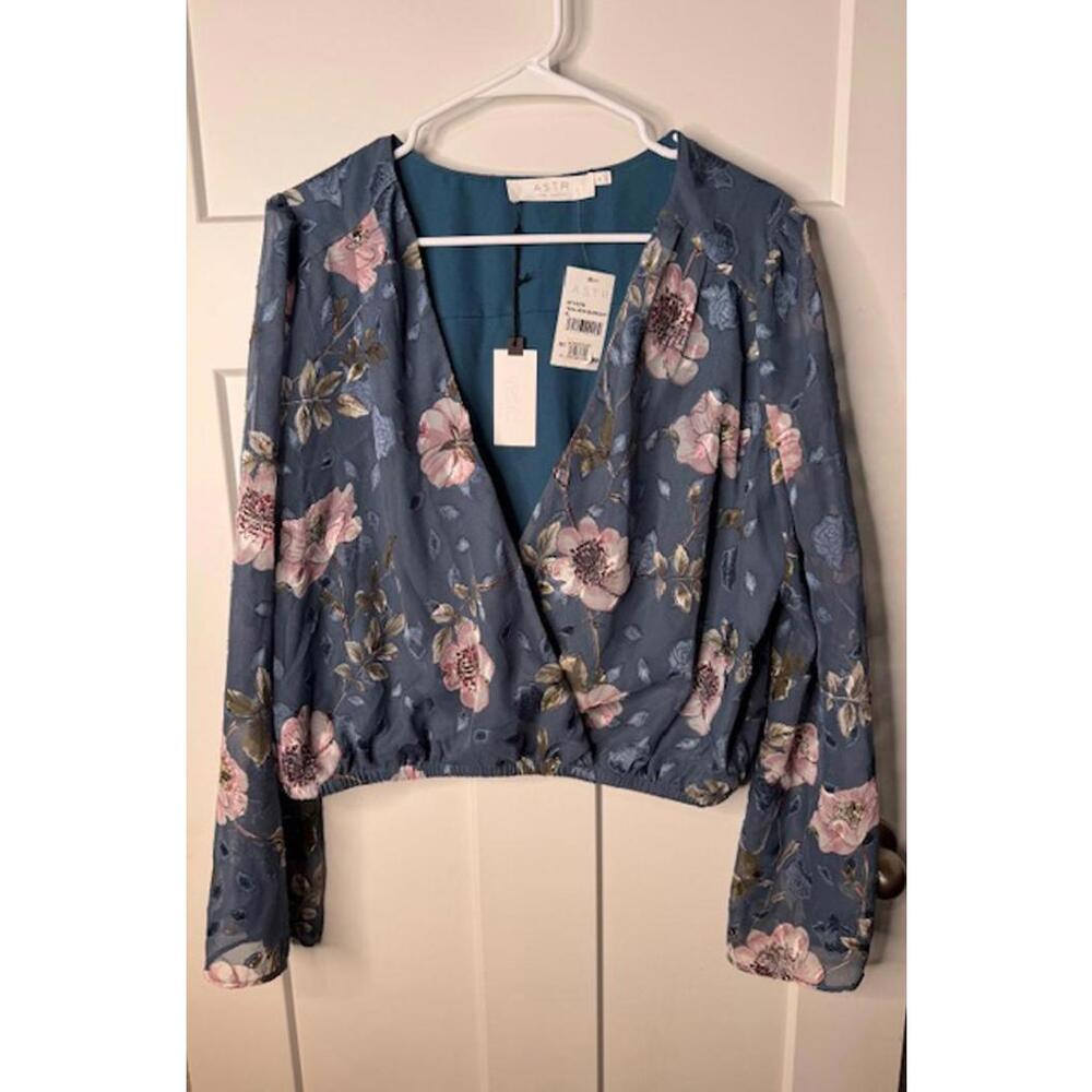 Astr Blue Floral Wrap Long-Sleeve Crop Top
